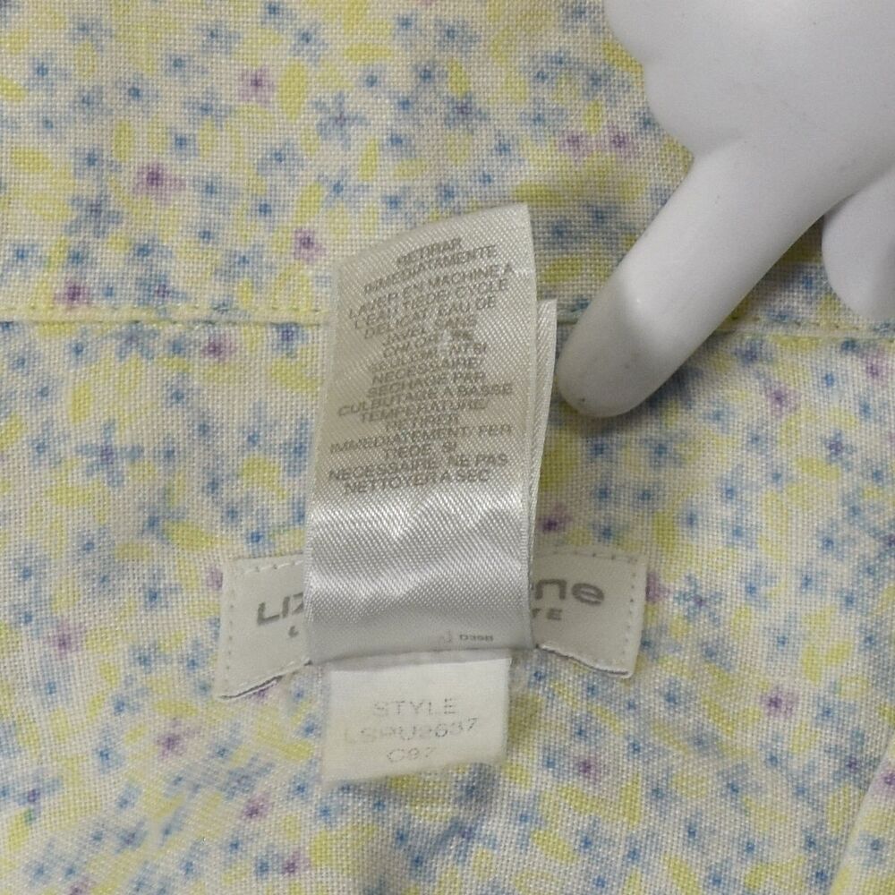 Vintage Liz Claiborne Lizsport Medium Petite Linen Shirt Floral Yellow Blue 90s - Picture 7 of 7